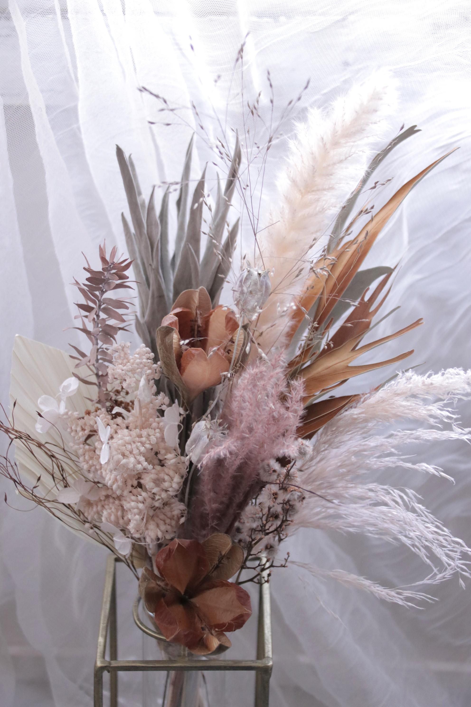 花のある暮らしの始めの一歩セット〜生花もドライフラワーも〜モーヴピンクのブーケとアイアン×ガラスベースとセットで | 2枚目