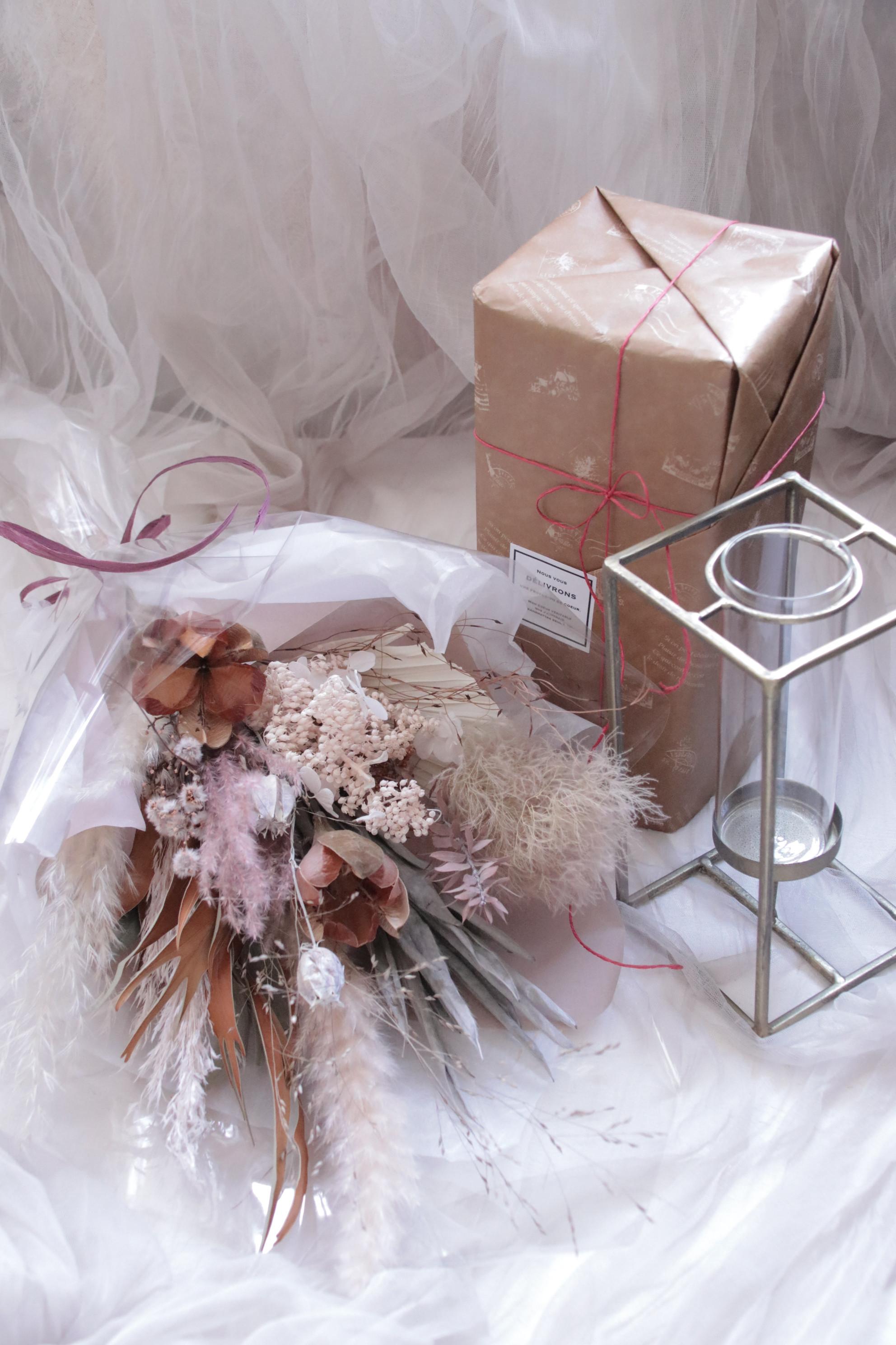 花のある暮らしの始めの一歩セット〜生花もドライフラワーも〜モーヴピンクのブーケとアイアン×ガラスベースとセットで | 5枚目