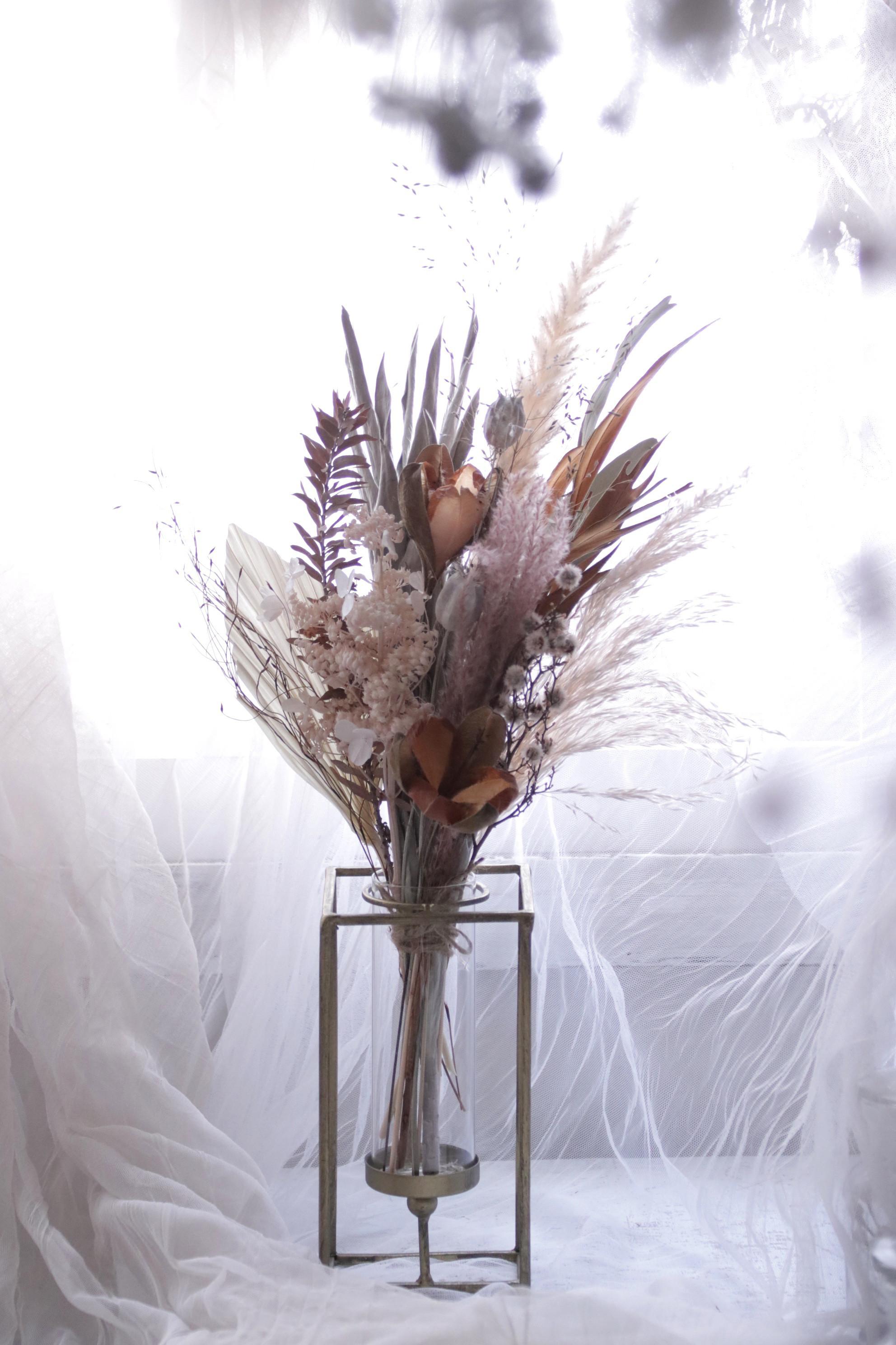 花のある暮らしの始めの一歩セット〜生花もドライフラワーも〜モーヴピンクのブーケとアイアン×ガラスベースとセットで | 6枚目