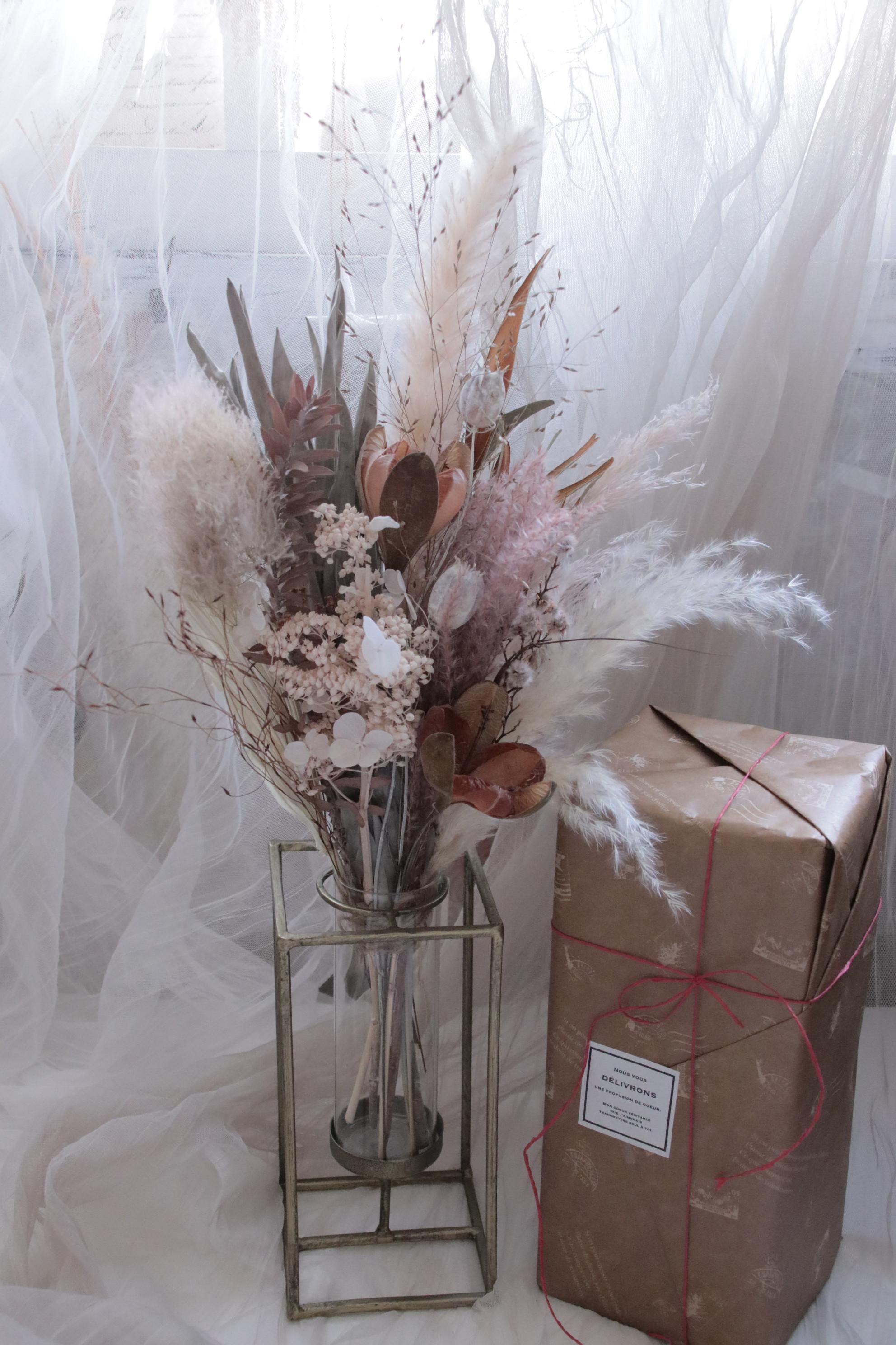 花のある暮らしの始めの一歩セット〜生花もドライフラワーも〜モーヴピンクのブーケとアイアン×ガラスベースとセットで | 8枚目