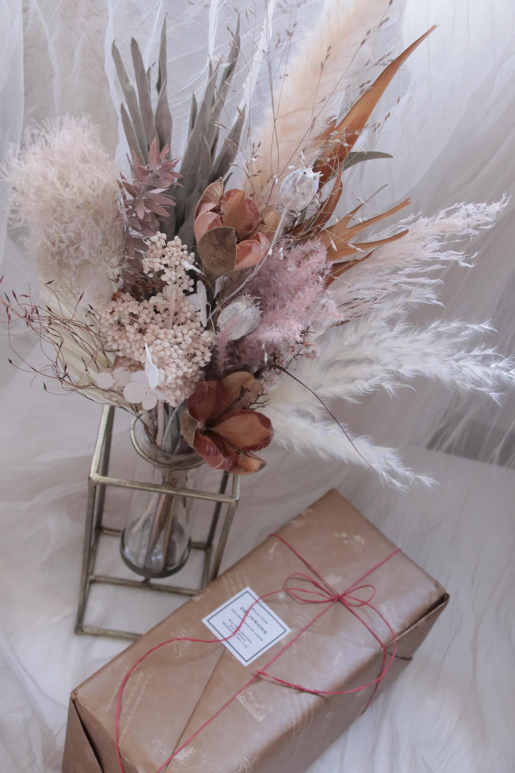 花のある暮らしの始めの一歩セット〜生花もドライフラワーも〜モーヴピンクのブーケとアイアン×ガラスベースとセットで | 9枚目